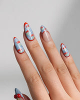 Denim Cherry custom-size nails with retro denim texture and red cherry nail art