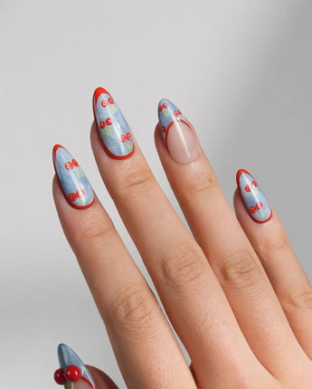 Denim Cherry custom-size nails with retro denim texture and red cherry nail art