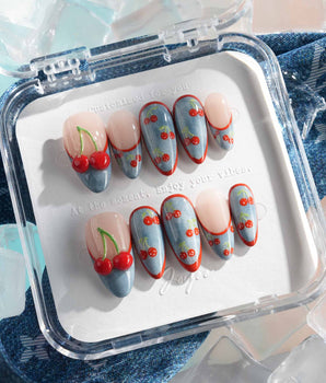 Denim Cherry handmade press-on nails featuring Denim Fabric Texture, Red French Tips, 3D Hand-Painted Cherries