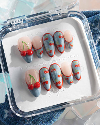 Denim Cherry handmade press-on nails featuring Denim Fabric Texture, Red French Tips, 3D Hand-Painted Cherries