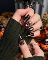 Devil Charm press-on nails in medium stiletto shape — Sheer Black Gothic, 3D Skull & Dark Aesthetic.