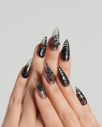 Devil Charm nail art close-up showing Sheer Black Gothic, 3D Skull & Dark Aesthetic. details