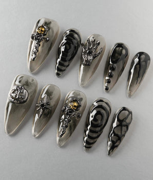 Devil Charm press-on nail set — Sheer Black Gothic, 3D Skull & Dark Aesthetic. design, hand-painted with real gel polish