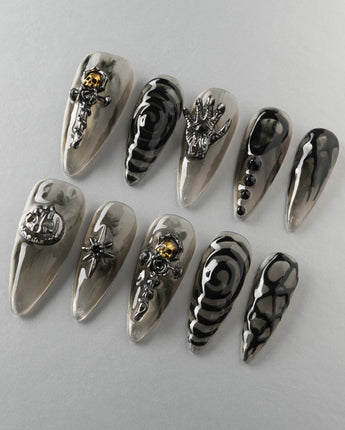 Devil Charm press-on nail set — Sheer Black Gothic, 3D Skull & Dark Aesthetic. design, hand-painted with real gel polish