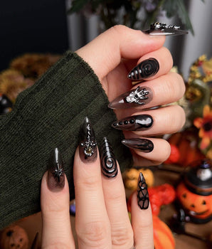 Devil Charm handmade press-on nails featuring Sheer Black Gothic, 3D Skull & Dark Aesthetic.