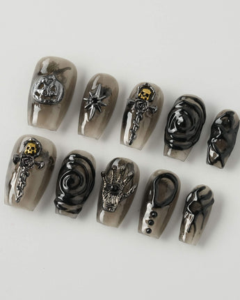 Devil Charm press-on nails in short coffin shape — Sheer Black Gothic, 3D Skull & Dark Aesthetic.