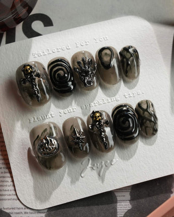 Devil Charm press-on nails in short oval shape — Sheer Black Gothic, 3D Skull & Dark Aesthetic.