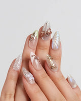 Dew Wing press-on nails in short almond shape — Dreamy Night, Metallic Relief Dragonflies & Fluid Butterfly Wings.
