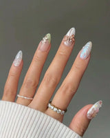 Dew Wing press-on nails in short almond shape — Dreamy Night, Metallic Relief Dragonflies & Fluid Butterfly Wings.