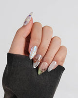 Dew Wing press-on nails in short almond shape — Dreamy Night, Metallic Relief Dragonflies & Fluid Butterfly Wings.