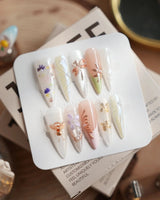 Dew Wing press-on nails in long stiletto shape — Dreamy Night, Metallic Relief Dragonflies & Fluid Butterfly Wings.