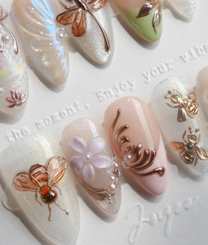 Dew Wing handmade press-on nails featuring Dreamy Night, Metallic Relief Dragonflies & Fluid Butterfly Wings.