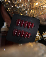 Diamond Gloss handmade press-on nails featuring red Base, featuring a Full Overlay of Dense and Fine Silver Glitter.