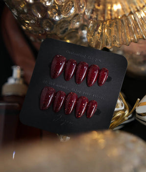 Diamond Gloss handmade press-on nails featuring red Base, featuring a Full Overlay of Dense and Fine Silver Glitter.