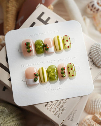 Dirty Martini extra short square nails with olive green gel and 3D olive accents