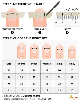 Joyee Nails press-on nail size chart and measuring guide
