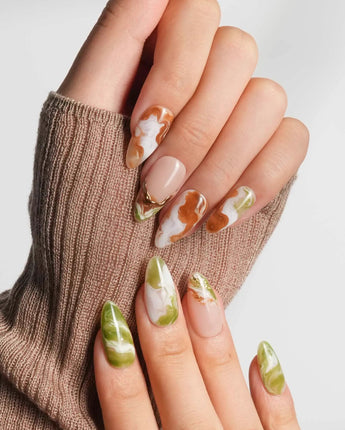 Double Latte latte art press-on nails with creamy matcha, coffee, and gold foil accents