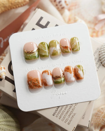 Double Latte coffee and matcha marble press-on nails in extra short square shape