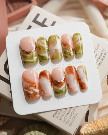 Double Latte coffee and matcha marble press-on nails in medium square shape