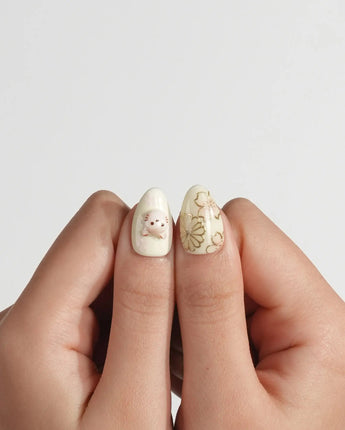 Double Love press-on nails in extra short almond shape — Creamy White Cute Healing, 3D Cats & Golden Flowers.