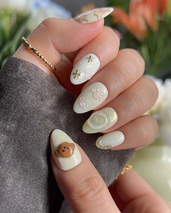 Double Love press-on nails — Creamy White Cute Healing, 3D Cats & Golden Flowers. handmade nail art by Joyee Nails