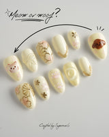 Double Love handmade press-on nails featuring Creamy White Cute Healing, 3D Cats & Golden Flowers.