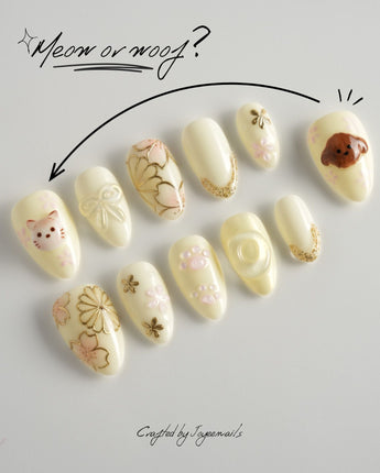 Double Love handmade press-on nails featuring Creamy White Cute Healing, 3D Cats & Golden Flowers.