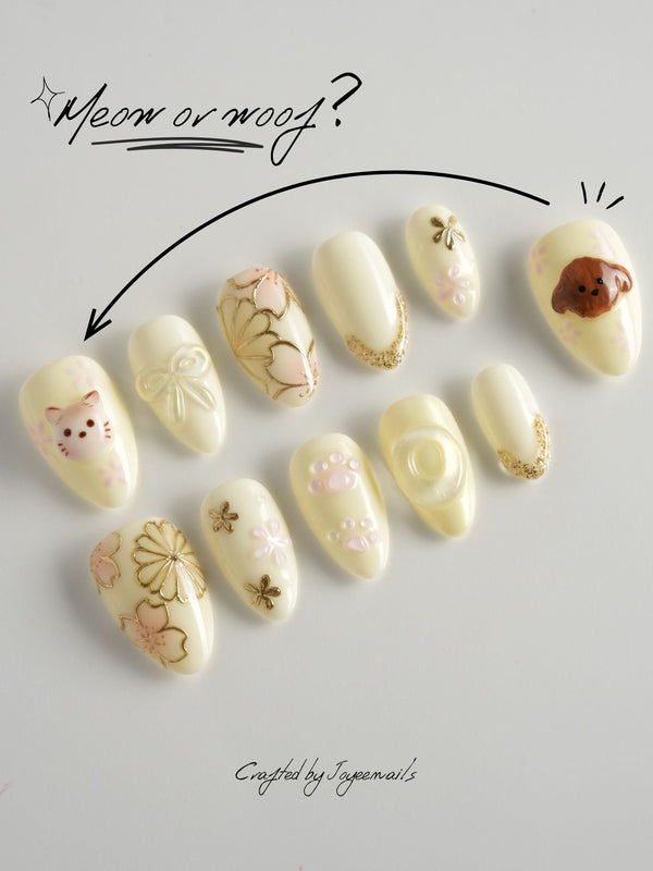 Double Love handmade press-on nails featuring Creamy White Cute Healing, 3D Cats & Golden Flowers.