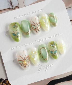 Dreamland press-on nails — Sage Green Cat-eye, 3D Gold Butterfly & Vines handmade nail art by Joyee Nails
