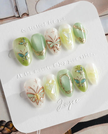Dreamland press-on nails — Sage Green Cat-eye, 3D Gold Butterfly & Vines handmade nail art by Joyee Nails