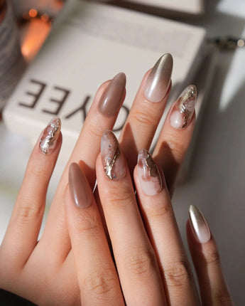 Driftwood Medium Almond nude marble press on nails with brown marble handmade nail art - image 4
