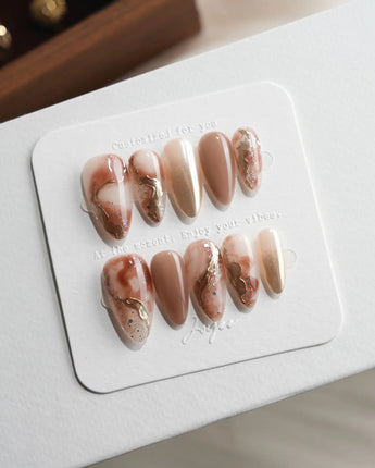 Driftwood Medium Almond nude marble press on nails with brown marble handmade nail art - image 3