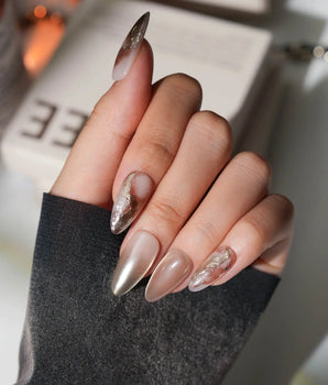 Driftwood Medium Almond nude marble press on nails with brown marble handmade nail art - image 2