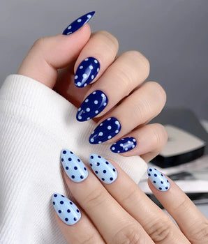 Blue Swirl press-on nail set — navy blue & light blue Polka Dots design, hand-painted with real gel polish