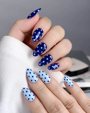 Blue Swirl press-on nail set — navy blue & light blue Polka Dots design, hand-painted with real gel polish