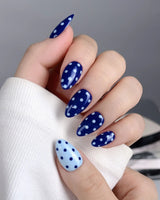 Blue Swirl press-on nails — navy blue & light blue Polka Dots handmade nail art by Joyee Nails