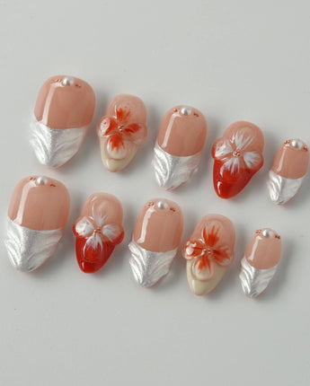 Duchess Marigold extra short almond nails with orange 3D floral French design
