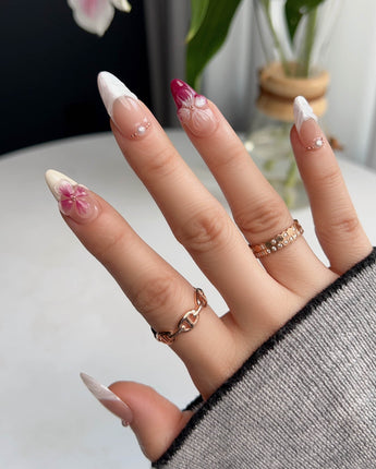 Duchess Purple short almond nails with violet 3D floral accents and graceful bridal styling