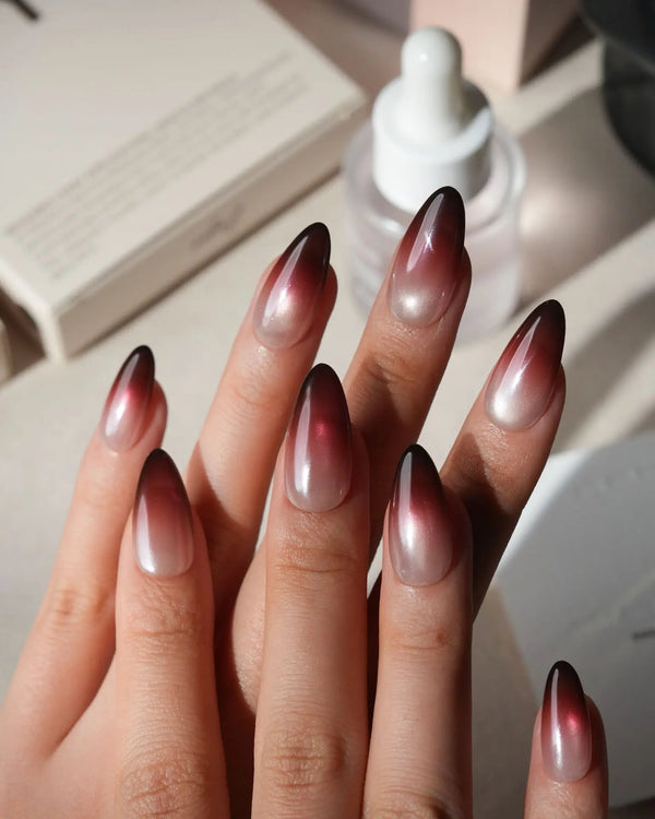 Dusk press on nails fading from champagne pearl through rose to a deep burgundy tip with shimmer through the whole nail - image 2