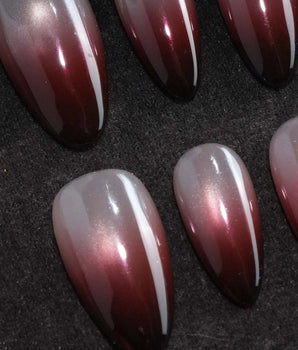 Dusk press on nails fading from champagne pearl through rose to a deep burgundy tip with shimmer through the whole nail - image 1