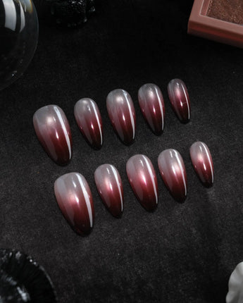 Dusk press on nails fading from champagne pearl through rose to a deep burgundy tip with shimmer through the whole nail - image 3
