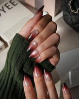 Dusk press on nails fading from champagne pearl through rose to a deep burgundy tip with shimmer through the whole nail - image 4