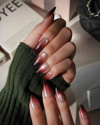 Dusk press on nails fading from champagne pearl through rose to a deep burgundy tip with shimmer through the whole nail - image 4
