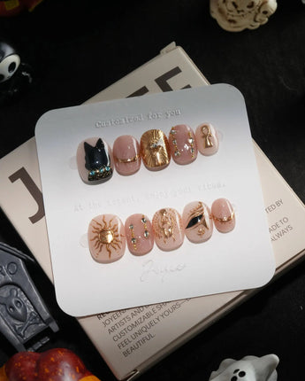 Egyptian Gold handmade press-on nails in extra short squoval shape by Joyee Nails