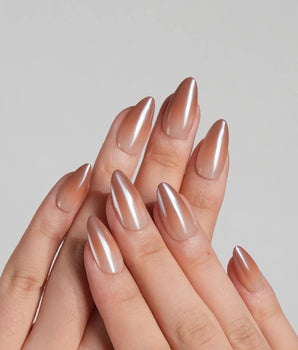 Caramel Chrome handmade press-on nails featuring Nude Brown chrome, Glossy Caramel Style.
