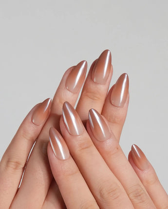 Caramel Chrome handmade press-on nails featuring Nude Brown chrome, Glossy Caramel Style.