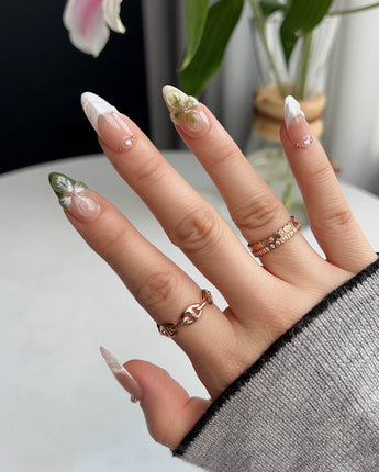 Duchess Olive nails with dimensional floral accents and refined olive French design