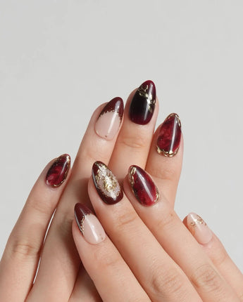 Joyeenails Elegant Burgundy Press on Nails, Gold Baroque Rose 3D Art, Deep Red Cat Eye, Luxury Wedding & Christmas Nails, XS / Extra Short Almond