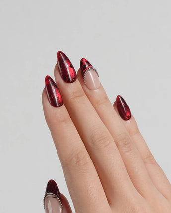 Brocade short almond press-on nails with vintage baroque red and silver bead chain accents
