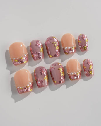 Falling Sakura press-on nails — Elegant Rosy Mauve, Hand-painted Blooms & Pearls. handmade nail art by Joyee Nails
